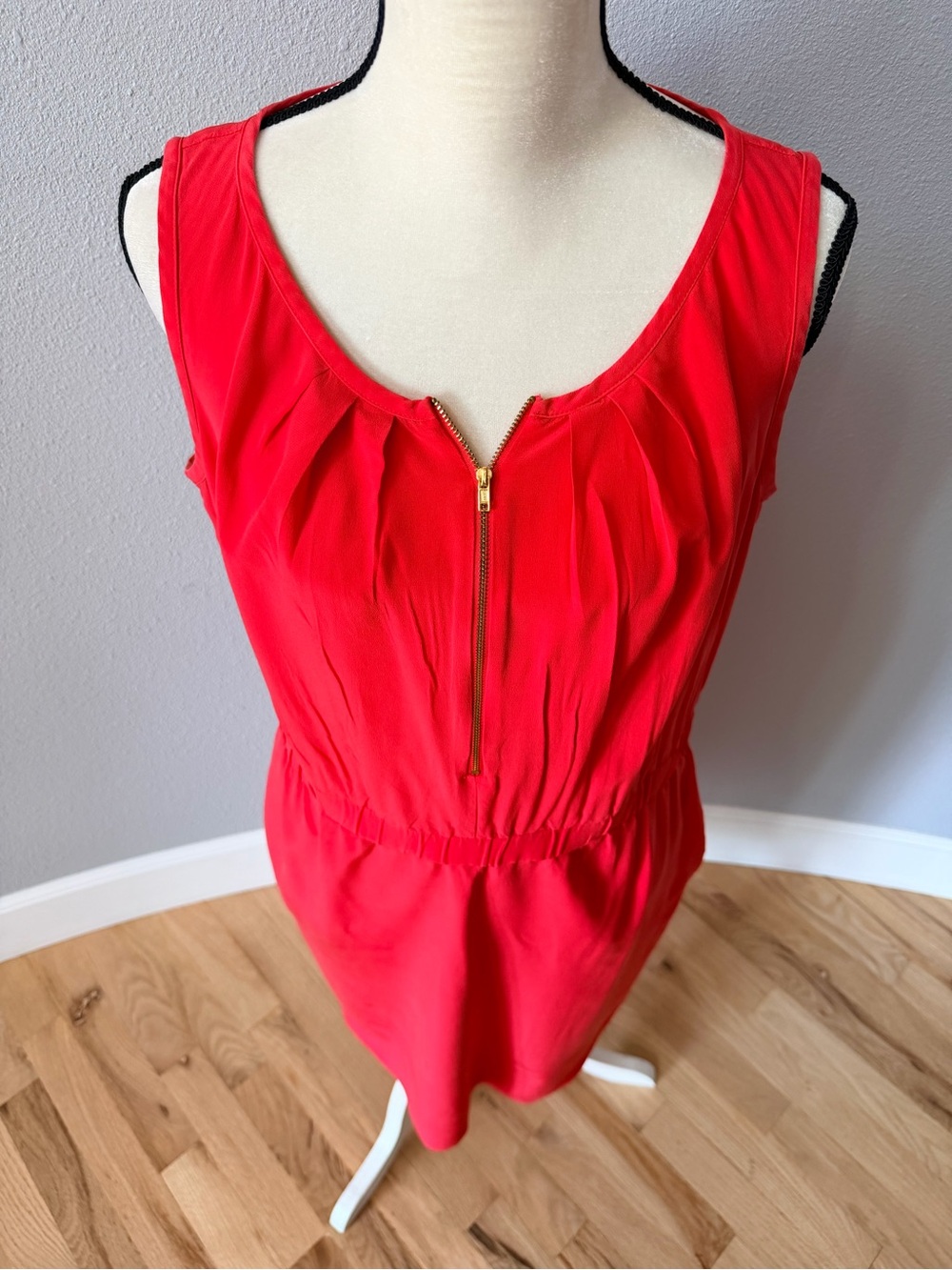 ELIZA J 100% Silk Orangish Red Pleated Zip Sheath Dress 12 | Lux Coral Workwear - Picture 2 of 11